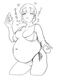 big_belly ijnacrj large_breasts looking_at_viewer monochrome overeating thick_thighs