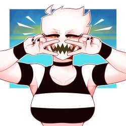 choker dabble pose sharp_teeth smile striped_clothing sugar_(dabbledraws) tank_top white_background white_body white_hair white_skin