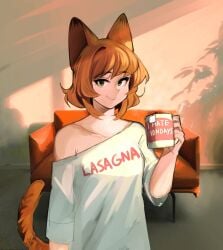 cat_ears cat_girl cat_tail couch eyebrows_visible_through_hair garfield_(series) garfield_the_cat green_eyes kumaartsu lasagna light-skinned_female light_skin looking_at_viewer orange_hair oversized_clothes oversized_shirt rule_63 short_hair sunrise white_skin white_skinned_female