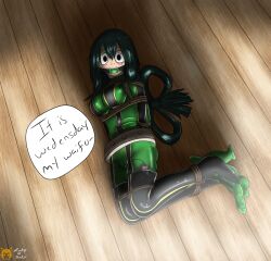 1girls ball_gag bodysuit bondage dialogue female female_only gag hero_outfit_(mha) lady-of-mud meme my_hero_academia png rope_bondage speech_bubble superhero superheroine tagme text tied_up tsuyu_asui vibrator