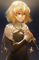 big_breasts black_background blonde_hair blue_eyes breasts eyebrows_visible_through_hair female frostworks june_(quest_failed) looking_at_viewer necklace nun praying quest_failed ring simple_background