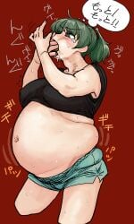 big_belly chubby female female_only green_eyes green_hair ijnacrj large_breasts mao_(mattsuu) overeating short_hair shorts tagme tight_belly