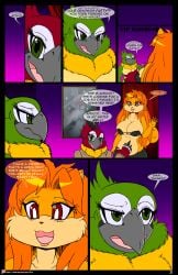 2019 absurd_res anthro apricot_(viroveteruscy) avian belly big_breasts bird bottomwear breasts clothing coat comic english_text female green_eyes group hi_res mammal mell_salsa non-mammal_breasts open_mouth page_11 parrot patty_salsa red_eyes rodent sciurid slightly_chubby spanish_text text topwear trenchcoat trio viroveteruscy warning_cream_filled