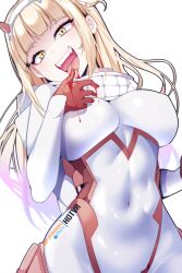 1girls big_breasts blonde_hair busty crossover darling_in_the_franxx female female_only himiko_toga hotvr latex licking_fingers my_hero_academia open_mouth skin_tight small_waist solo tight_clothing villain voluptuous yellow_eyes zero_two_(darling_in_the_franxx) zero_two_(darling_in_the_franxx)_(cosplay)