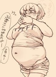 belly_button big_belly bulging_belly ijnacrj mao_(mattsuu) monochrome overeating overweight overweight_female short_hair