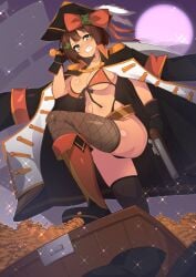 1girls black_gloves black_panties boots bra brown_hair frostworks gloves gold green_eyes gun legwear orange_bra panties pirate pirate_hat quest_failed ren_(quest_failed) treasure