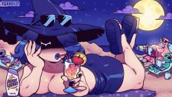 background_characters beach breasts chunks_(dead_estate) cleavage cordelia_valentine dead_estate female_focus night on_stomach speedosausage tagme topless witch witch_hat