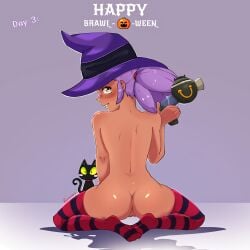 ass brawl_stars female halloween kneeling looking_at_viewer looking_back nude purple_hair ramunne shelly_(brawl_stars) socks stockings striped_stockings viewed_from_behind witch_hat witch_shelly