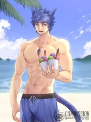 1boy abs absurdres animal_ears beach blue_eyes blue_hair cat_ears cat_tail final_fantasy final_fantasy_xiv highres kurohitsuji_lim male male_focus miqo'te muscular nipples tail