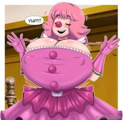 1girls 2022 breasts capcom closed_eyes clown clown_girl clown_nose clussy clussy_fever crysnickel female female_focus geiru_toneido gyakuten_saiban huge_breasts nipple_bulge pink_hair short_hair solo solo_female solo_focus suspenders top_heavy watermark