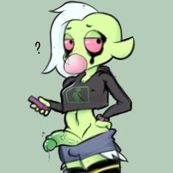 1futa 2020 2020s alien alien_girl breasts bubble_gum calciumchan clothed clothing crop_top_hoodie denim_shorts erection futa_only futanari green_skin gum humanoid humanoid_penis jacket lord_dominator mostly_clothed penis penis_through_bottomwear red_sclera short_hair short_shorts shorts solo standing tomboy undercut wander_over_yonder white_hair