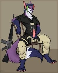 1boy anthro at_work biting_lip bodily_fluids bottomwear canid canine chair clothed clothing cum cum_on_belly cum_on_body cum_on_penis cum_on_self cumshot ejaculation feral fox furniture genital_fluids genitals guard gun male male_only mammal masturbation on_chair open_bottomwear open_clothing open_pants pants penis police_officer police_uniform ranged_weapon rifle risque saltyserpent sitting sitting_on_chair solo spread_legs spreading sukifox uniform unprofessional_behavior weapon zipper_down