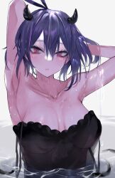 big_breasts black_clover black_dress blue_hair blush breasts brws demon_horns red_eyes secre_swallowtail short_hair strap_slip