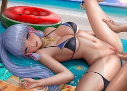 1boy 3girls aether_(genshin_impact) alexander_dinh artist_name bangs beach beach_towel bikini bikini_around_one_leg blue_sky blush bottomless breasts censored cleavage cloud collarbone day food_print genshin_impact gold_choker innertube kamisato_ayaka light_blue_hair lips looking_at_viewer lying medium_breasts mixed-language_commentary mole mole_under_eye mosaic_censoring multiple_girls navel ocean on_back parted_lips patreon_logo patreon_username penis ponytail pussy raiden_shogun sand sex signature skindentation sky solo_focus speech_bubble spread_legs stomach straight sunlight swimsuit tassel_choker thighs thong thong_bikini towel vaginal_penetration watermelon_print web_address wet yae_miko