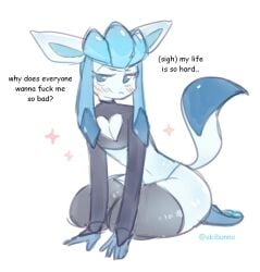 1boy akibun anthro anthrofied blue_hair blush eeveelution english_text femboy fur furry furry_only glaceon male male_only nintendo pokémon_(species) pokemon profanity solo tail text thighhighs