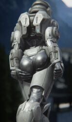 1girls 3d armor ass crossed_legs female female_spartan_(halo) halo_(game) halo_(series) hand_on_butt helmet human llamasarepink looking_at_viewer noble_six power_armor rear_view skin_tight solo spartan_(halo)