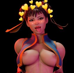 1girls 3d black_background breast_out breasts brown_eyes brown_hair capcom chun-li chun-li_(fortnite) female female_only fortnite half_body hearts lastwalkernsfw light-skinned_female light_skin nipples small_breasts solid_color_background solo street_fighter teeth teeth_visible tongue tongue_out upper_body upper_teeth