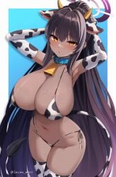 1girls 2022 armpits arms_behind_head arms_up artist_signature bell_choker black_hair blue_archive breasts brown_skin choker cleavage cow_bikini cow_ears cow_horns cow_print cowbell dark-skinned_female dark_skin female female_only hips huge_breasts karin_(blue_archive) long_gloves long_hair marota_(imyme_maro) purple_hair side-tie_bikini skindentation slim_waist tail tail_accessory thick_thighs thighhighs thighs two_tone_hair wide_hips yellow_eyes