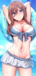 1girls 2022 auburn_hair beach bikini blue_bikini blue_eyes blush breasts embarrassed female female_only floatie ginhaha go-toubun_no_hanayome hips holding_object huge_breasts long_hair looking_at_viewer nakano_miku outdoors slim_waist thick_thighs thighs wide_hips