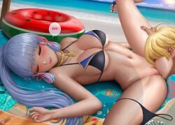 1boy 3girls aether_(genshin_impact) alexander_dinh artist_name bangs beach beach_towel bikini bikini_around_one_leg blonde_hair blue_sky blush bottomless breasts censored cleavage closed_eyes closed_mouth cloud collarbone cunnilingus day food_print genshin_impact gold_choker innertube kamisato_ayaka light_blue_hair lips lying medium_breasts mixed-language_commentary mole mole_under_eye mosaic_censoring multiple_girls navel ocean on_back oral patreon_logo patreon_username ponytail pussy raiden_shogun sand signature skindentation sky sleep_sex sleeping smile solo_focus speech_bubble stomach straight sunlight swimsuit tassel_choker thighs thong thong_bikini towel watermelon_print web_address wet yae_miko zzz