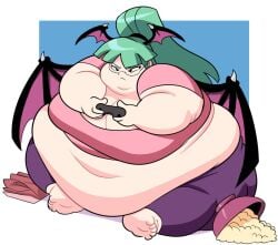 bat_wings bbw belly belly_on_ground belly_overhang capcom clothing controller darkstalkers double_chin fat fat_arms fat_ass feet flabby_arms gamer_girl gaming_controller gigantic_breasts glasses green_hair morrigan_aensland nerd nerdy_female noodles obese obese_female overweight pink_shirt purple_pants sitting ssbbw succubus superspoe sweatpants thick_thighs