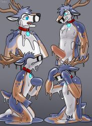 anthro black_nose blue_eyes brown_body brown_fur cervid collar dripping faceless fur genitals goo_creature goo_transformation hacony hi_res loss_of_dexterity male mammal melting multicolored_body multicolored_fur nude null penis solo spots transformation white_body white_fur