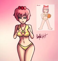 1girls 2d angelindieart14 bikini_top breasts chignon curvy green_eyes hinoru_harukaze ibispaintx original_character pink_hair request solo yellow_topwear