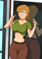 1girls 2022 ahoge artist_signature barleyshake belt big_breasts blue_eyes breasts brown_pants clothed genderswap_(mtf) goo green_shirt hanna-barbera legs_together midriff mirror mtf_transformation rule_63 scooby-doo shaggy_rogers shoulder_length_hair solo solo_female surprised thin_waist wide_hips zoinks!