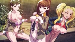 3girls ayase_yuka black_hair blonde_hair blsh bra_lift breasts brown_hair eriko_kirishima female female_only megami_tensei multiple_girls nipples open_clothes open_clothing open_jacket persona persona_1 yuka_ayase yukino_mayuzumi