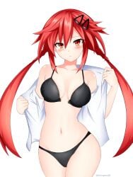 1girls artist_name bikini black_bikini blush breasts cleavage female female_only highres legs long_hair looking_at_viewer low_twintails medium_breasts neptunia_(series) open_clothes open_shirt red_eyes red_hair solo swimsuit thighs twintails uzume_tennouboshi