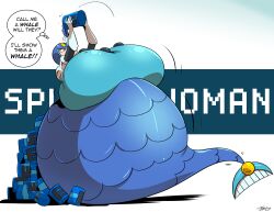 1girls bbw big_breasts breasts chubby chubby_female drinking energy_tank fat female female_only huge_breasts mega_man morbidly_obese morbidly_obese_female obese obese_female overweight overweight_female robot_girl robot_master solo speech_bubble splash_woman