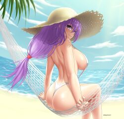 absurdres ass bare_shoulders blush breasts female female from_behind hat highres large_breasts long_hair looking_at_viewer looking_back original purple_eyes purple_hair shiny shiny_hair shiny_skin sideboob siegfriedart sitting smile solo swimsuit thong very_long_hair