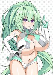 1girls big_breasts breasts busty child_bearing_hips cleavage female female_only green_hair green_heart hand_on_hip hi_res huge_breasts index_finger_raised leaning_forward legs long_hair looking_at_viewer navel neptunia_(series) ponytail pose purple_eyes smile solo thick_thighs thighs vert voluptuous