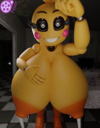 1girls 3d animatronic avian big_breasts breasts chicken female feversfm five_nights_at_freddy's gynoid lactating lactation looking_at_viewer machine nipple_piercing nipples orange_legs orange_nipples smile smiling smiling_at_viewer solo tagme toy_chica_(fnaf) toy_chica_(love_taste) yellow_body