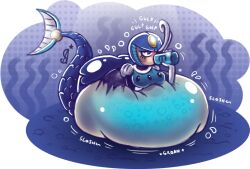 1girls chubby chubby_female drinking energy_tank fat female female_only glowing_belly inflation liquid_inflation mega_man overweight overweight_female robot_girl robot_master solo splash_woman