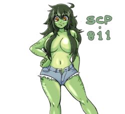 1girls bare_legs bare_shoulders big_breasts breasts english_text eyebrows_visible_through_hair green_body green_skin green_text hair_over_breasts long_hair navel_piercing no_bra scp scp-811 scp_foundation sophora09 text unzipped white_background zipper