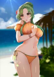 1girls absurdres alternate_costume alternate_version_available bare_midriff bare_shoulders bare_thighs beach bead_bracelet beads bikini blue_sky blurry blurry_background bracelet breasts brown_eyes cloud cowboy_shot day elincia_ridell_crimea elincia_ridell_crimea_(summer) female female_only fire_emblem fire_emblem:_path_of_radiance fire_emblem:_radiant_dawn fire_emblem_heroes flower green_hair hair_bun hair_flower hair_ornament highres jewelry large_breasts long_hair looking_at_viewer midriff navel nintendo ocean off-shoulder_bikini off_shoulder official_alternate_costume open_mouth orange_bikini orange_swimsuit outdoors parted_lips puffy_short_sleeves puffy_sleeves red_flower short_hair short_sleeves side-tie_bikini sky solo standing stomach swimsuit tara_(szzj7733) thighs water yellow_eyes