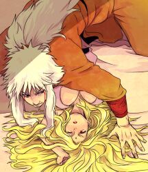 1boy1girl all_fours bed big_breasts blonde_female blonde_hair blush breasts facial_mark forehead_mark from_above implied_sex jiraiya long_hair lying male/female mature_female missionary missionary_position naruto naruto_(series) naruto_shippuden on_back one_eye_closed pinned pinned_down red_eyes tamagokara tsunade white_hair