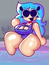 azrielart big_ass big_breasts big_eyes blue_hair cleavage cleavage_cutout cute female female_only friday_night_funkin long_hair ski_(friday_night_funkin) sky_(friday_night_funkin) swimsuit swimwear thick_thighs water wet wet_clothes