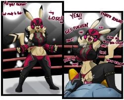 anthro big_breasts bodily_fluids breasts clothed clothed_sex clothing clothing_aside cosplay_pikachu cosplay_pikachu_(costume) cowgirl_position diamond_grenadier dominant dominant_female duo female female_on_top fighting_ring from_front_position genital_fluids hi_res lucha_libre_mask machoke male male/female mask nintendo on_bottom on_top panties panties_aside penetration pikachu pikachu_libre pokémon_(species) pokemon pokemon_(species) profanity pussy_juice red_eyes red_outfit sex sports_mask sportswear sweat underwear underwear_aside vaginal_penetration video_games wrestling_mask