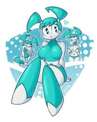 1girls :d bean_smile blue_eyes covering_breasts heart jenny_wakeman my_life_as_a_teenage_robot robot robot_girl smile tagme topless v_sign venky xj-9