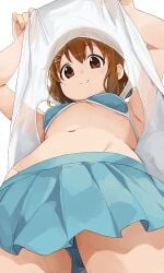 1girls belly bikini bikini_top brown_eyes brown_hair female hiroki_yyqw7151 k-on! looking_through_clothes short_hair skirt smile solo swimsuit white_background yui_hirasawa_(k-on!)