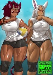 2girls azami_himawari big_breasts bunny_ears dark-skinned_female dark_skin female female_only final_fantasy final_fantasy_xiv fully_clothed horns miqo'te miruko muscular muscular_female my_hero_academia orange_eyes original_character red_eyes red_hair rumi_usagiyama shosho_oekaki tail volleyball volleyball_uniform white_hair