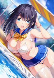 1girls bikini black_hair blue_eyes blush breasts hair_ornament huge_breasts large_breasts legwear long_hair lying miniskirt original oryou panties see-through shirt_lift skirt_lift swimsuit thighhighs thighs wet_clothes white_legwear