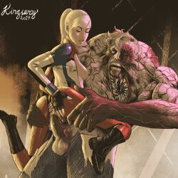 1boy 1girls 1monster 2019 anus artist_name biohazard blonde_hair bodysuit boots breasts capcom closed_eyes elza_walker empty_eyes exposed_breasts female fingerless_gloves gloves interspecies kingsway light-skinned_female male male/female monster nipples pale-skinned_female ponytail pussy resident_evil resident_evil_1.5 ripped_bodysuit ripped_clothing saliva sex sharp_teeth small_breasts stand_and_carry_position teeth vaginal_penetration vaginal_sex