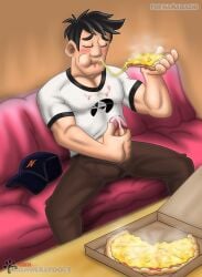 1boy baseball_cap big_hero_6 black_hair blush closed_eyes couch cum disney eating erection fully_clothed male male_only marvel marvel_comics masturbation penis_out pizza short_hair slashweilerdog solo tadashi_hamada toony