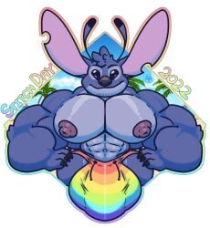 2022 6/26 abs alien antennae_(anatomy) anthro anthrofied beach big_bulge big_ears big_muscles big_nipples biped black_claws blue_body blue_fur blue_nose bulge claws clothing digital_drawing_(artwork) digital_media_(artwork) dipstick_antennae disney english_text erect_nipples experiment_(lilo_and_stitch) front_view fur hands_on_hips head_tuft hi_res huge_bulge huge_muscles hyper hyper_bulge kokoro-doll lgbt_history_month lgbt_pride lilo_and_stitch looking_at_viewer male male_focus male_only male_solo multicolored_antennae muscular nipples notched_ear outline palm_tree pecs plant pride_color_clothing pride_color_swimwear pride_colors rainbow_pride_colors seaside solo solo_male stitch stitch_(lilo_and_stitch) swimwear text tree tuft