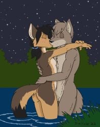 1boy 1girls 2022 4_fingers aaron_(delisle) anthro anthro_on_anthro ass balls black_hair black_nose breasts caillie-ann canid canine canis casual_nudity closed_eyes coyote delisle duo embrace female fingers fur genitals grey_body grey_fur hair hand_on_back hi_res humanoid_hands intimate kissing male male/female mammal nature night nipples nude outside plant romantic romantic_ambiance romantic_couple signature skinny_dipping sky small_breasts smile social_nudity standing standing_in_water star starry_sky tan_body tan_fur tree water