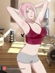 >:p 1girls 5:3_aspect_ratio after_exercise after_workout agung911 armpit_fetish armpit_pussy armpits arms_behind_head arms_up bare_arms bare_thighs blurry_background boruto:_naruto_next_generations breasts cleavage clothing cowboy_shot facial_mark female female_only female_solo forehead_mark fully_clothed green_eyes grey_shorts gym high_resolution kunoichi large_breasts mature mature_female medium_hair midriff milf naruto naruto_(series) one_eye_closed patreon_logo pink_hair ponytail presenting_armpit red_shirt red_tank_top sakura_haruno shirt short_ponytail short_shorts shorts showing_armpits sleeveless smelly_armpits smile smooth_armpits solo steaming_body steamy_armpits sweat sweating sweating_profusely sweaty sweaty_armpits tank_top thighs tied_hair tongue tongue_out url very_high_resolution watermark web_address wet wet_clothes wet_skin wink workout_clothes