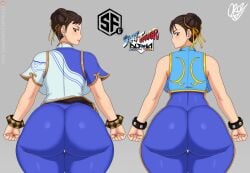 2girls ass back_view big_ass big_butt brown_hair bubble_ass bubble_butt butt chun-li chun-li_(battle_ouffit_sf6) curvy dat_ass fat_ass female female_only hair_bun huge_ass huge_butt large_ass looking_back oroz-kun street_fighter street_fighter_6 street_fighter_alpha thick thick_ass thick_thighs voluptuous wide_hips